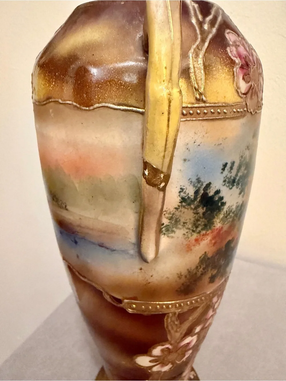 Japanese Nippon-Style Urn, Exquisite Moriage Florals & Landscape Antique 10 inch